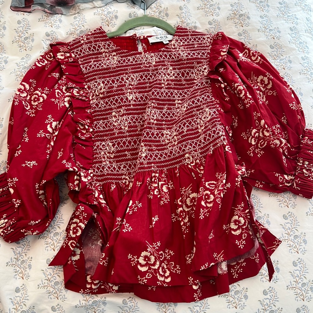 Sea - Alessia Cropped Ruffled Floral-print Cotton Top - Red